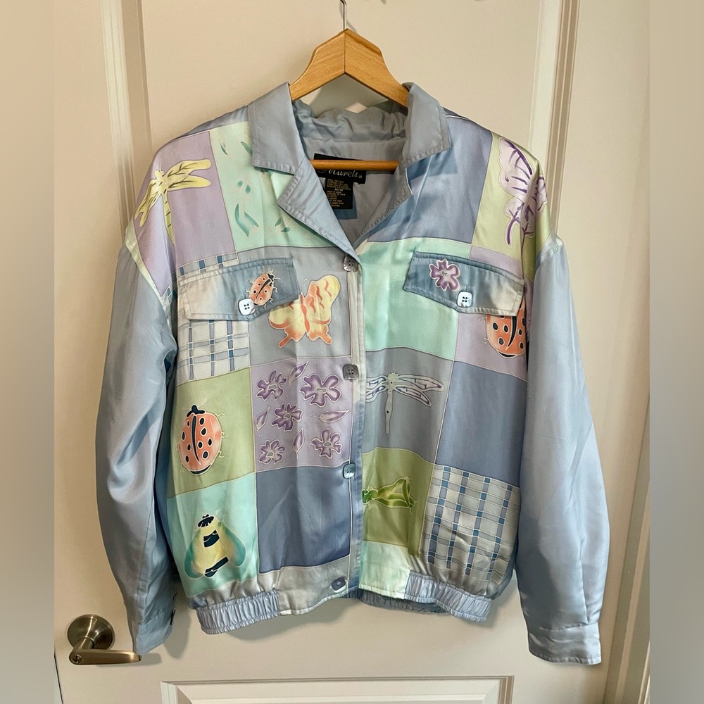 Vintage 100% silk Garden Jacket with Pockets, size Medium - Cottaegcore Bug